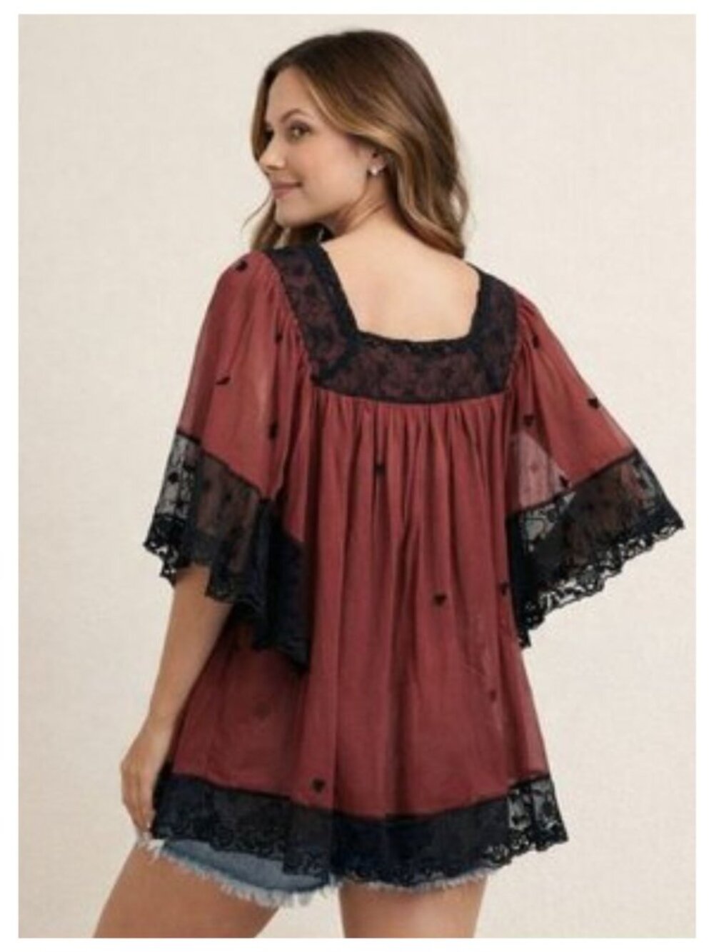 BADGLEY MISCHKA AMERICAN GLAMOUR Lace Flowy Peasant Blouse Burgundy/Black M - Picture 2 of 14